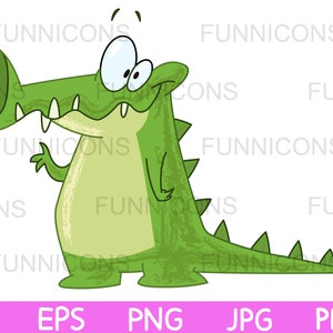 Clipart Cartoon eines lächelnden Krokodil Alligators mit Hand wellend, Tier Illustration, ai eps png jpg pdf Dateien, digitale Dateien herunterladen.