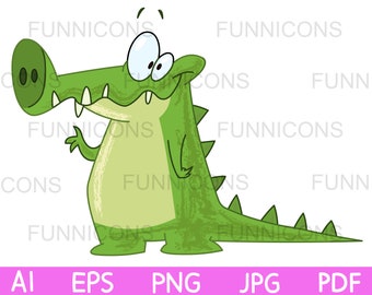 Clipart cartoon van een glimlachende krokodil alligator zwaaien met de hand, dier illustratie, ai eps png jpg pdf-bestanden, digitale bestanden te downloaden.