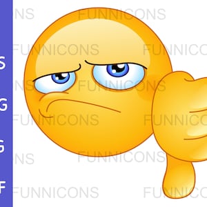 Clipart przedstawiający emotikonkę niezadowolenia pokazującą kciuk w dół oznaczający niezadowolenie, pliki ai eps png jpg pdf, pliki cyfrowe do pobrania.