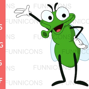 Desenho animado clipart de um mosquito mosca verde feliz, ilustração animal, arquivos ai eps png jpg e pdf incluídos, download instantâneo de arquivos digitais.