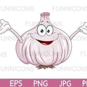 Clipart cartoon of a happy garlic character raising his arms, vegetable illustration, ai eps png jpg and pdf files, digital files download.