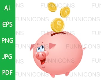 Clipart cartoon of coins falling into happy piggy bank pig character, animal illustration, ai eps png jpg pdf files, digital files download.