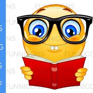 Cartoon clipart di un'emoticon nerd con gli occhiali e la lettura di un libro, file ai eps png jpg e pdf inclusi, download di file digitali.