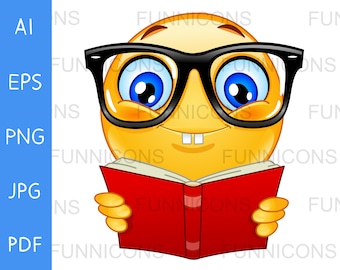 Dibujos animados de imágenes prediseñadas de un emoticono nerd con anteojos y leyendo un libro, archivos ai eps png jpg y pdf incluidos, descarga de archivos digitales.