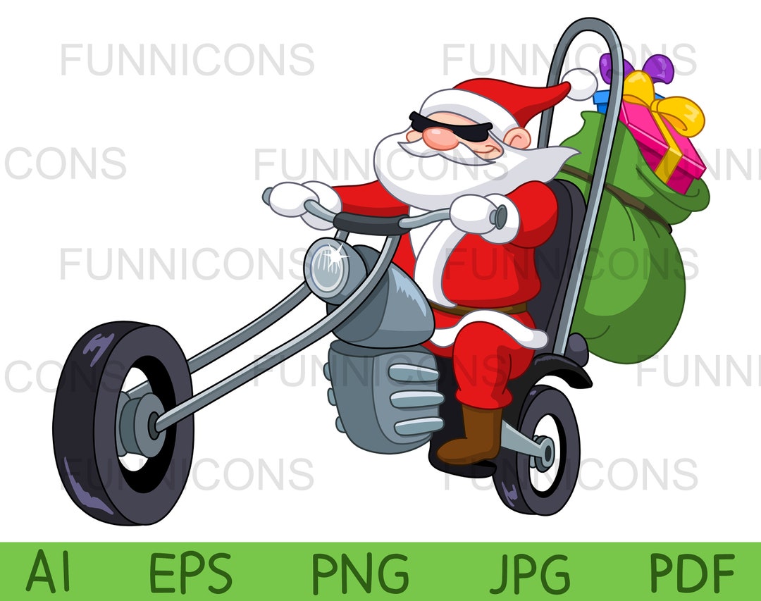 Christmas Clipart of Santa With Motorcycle, Vector Illustration, Ai Eps