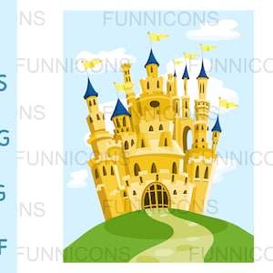Clipart Hintergrund einer magischen gelben Burg auf einem Hügel, ai eps png jpg und pdf Dateien enthalten, digitale Dateien direkter Download.