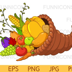 Corno di Plenty Cornucopia Ringraziamento Clipart. ai eps png file pdf e jpg inclusi, file digitali download istantaneo.
