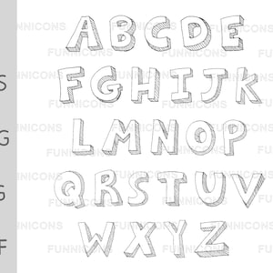 Letras do alfabeto desenhadas à mão estilo 3d, conjunto de pacote de doodle vetorial, arquivos ai eps png jpg e pdf incluídos, download instantâneo de arquivos digitais.