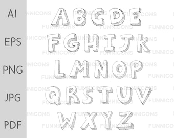 May include: A hand-drawn alphabet in black and white with a 3D effect. Each letter is outlined and shaded to give it a dimensional look.