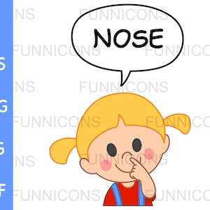 Jong kind meisje wijzen naar en zeggen neus in een spraakbel, ai eps png jpg en pdf bestanden inbegrepen, digitale bestanden instant download.