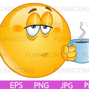 Clipart przedstawiający zmęczoną emotikonkę trzymającą kubek porannej kawy, dołączone pliki ai eps png jpg i pdf, możliwość natychmiastowego pobrania plików cyfrowych.