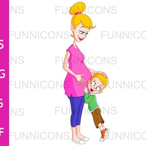 Clipart desenho animado de um menino feliz ouvindo a barriga de sua mãe grávida, arquivos ai eps png jpg e pdf incluídos, download de arquivos digitais.
