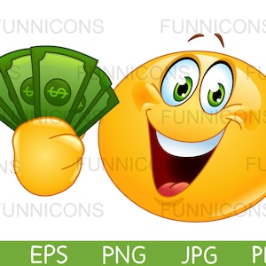 Cartoon clipart di un'emoticon felice che tiene banconote da un dollaro, denaro contante, file ai eps png jpg e pdf inclusi, download di file digitali.