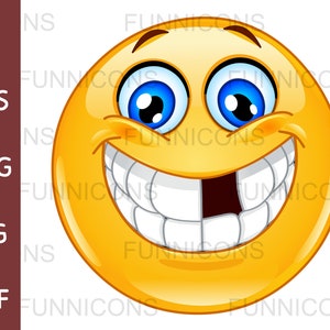 Dessin animé clipart d'une émoticône souriante avec une dent manquante, fichiers ai eps png jpg et pdf inclus, téléchargement immédiat des fichiers numériques