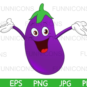 Clipart cartoon of a happy eggplant character holding his arms up, fruit illustration, ai eps png jpg and pdf files, digital files download.
