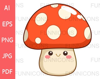 Clipart cartoon of a smiling mushroom character in a kawaii style, ai eps png jpg and pdf files included, digital files instant download.