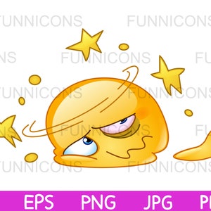 May include: A yellow cartoon face with a dizzy expression, surrounded by yellow stars. The face has a furrowed brow, one eye is closed, and the other eye is wide open. The face is tilted to the side, and the mouth is open in a surprised expression.
