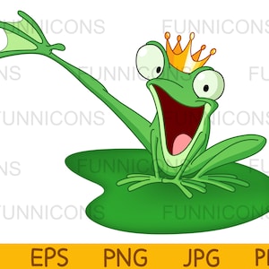 Valentinstag Clipart Cartoon eines glücklichen Prinzen Frosch tritt ein Bein auf einem Lilienpad, ai eps png jpg und pdf-Dateien, digitale Dateien herunterladen.