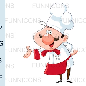 Desenho animado clipart de um chef feliz apresentando, arquivos ai eps png jpg e pdf incluídos, download instantâneo de arquivos digitais.