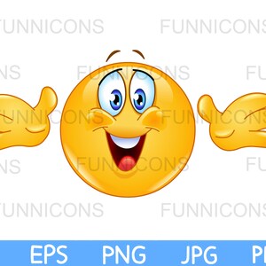 Dibujos animados de imágenes prediseñadas de un emoticono que ofrece abrazos, archivos ai eps png jpg y pdf incluidos, descarga instantánea de archivos digitales.