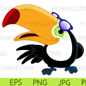 Dibujos animados clipart de un pájaro tucán feliz mirando debajo de sus gafas de sol, ilustración animal, ai eps png jpg archivos pdf, descarga de archivos digitales.