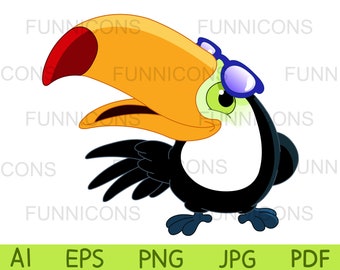 Clipart cartoon of a happy toucan bird looking under his sunglasses, animal illustration, ai eps png jpg pdf files, digital files download.