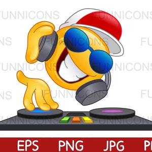 Desenho animado clipart de um emoticon de DJ feliz com fones de ouvido e óculos de sol, arquivos ai eps png jpg e pdf, download instantâneo de arquivos digitais.