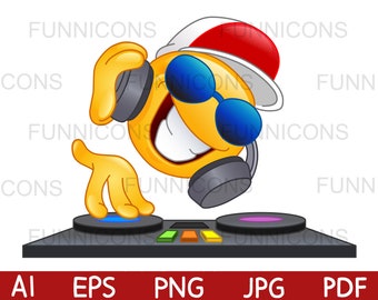 Clipart-Cartoon eines fröhlichen DJ-Emoticons mit Kopfhörern und Sonnenbrille, ai eps png jpg und pdf-Dateien, digitale Dateien direkter Download.