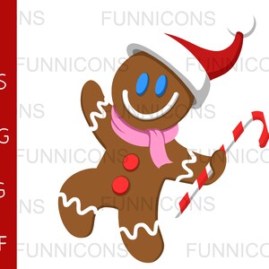 May include: A gingerbread man wearing a white hat with a red trim and a pink scarf, holding a red and white candy cane.