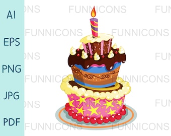 Birthday Cake Clipart, Vector Illustratie, ai eps png pdf en jpg bestanden inbegrepen, digitale bestanden instant download.