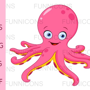 Clipart of a happy pink octopus, Vector illustration, ai eps png pdf and jpg files included, digital files instant download.