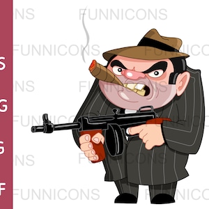 Caricatura prediseñada de un gángster mafioso malo sosteniendo un arma y fumando un cigarro, ai eps png jpg y archivos pdf incluidos, descarga de archivos digitales.
