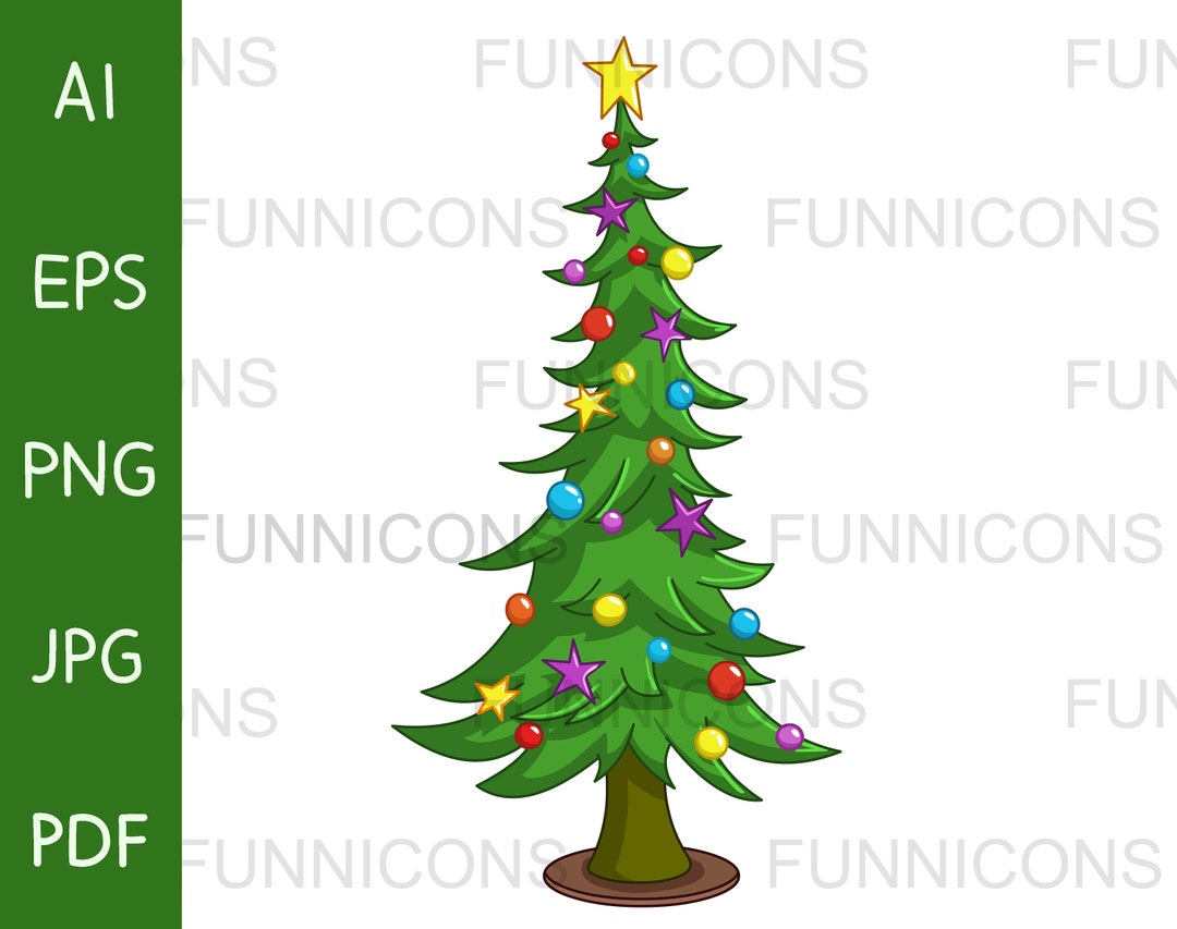 Christmas Tree Cartoon Clipart, Ai Eps Png Pdf and Jpg Files Included, Digital Files Instant