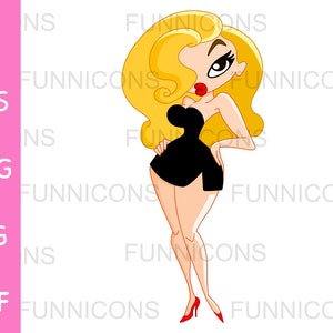 Clipart cartoon of a sexy blond pinup woman in a black little dress, ai eps png jpg and pdf files included, digital files instant download.