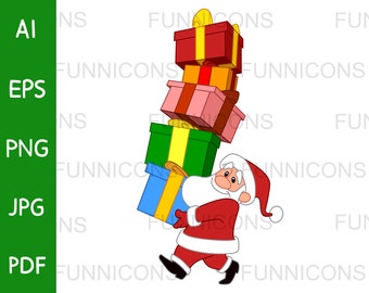 Weihnachten Clipart Cartoon eines lächelnden Weihnachtsmanns mit einem bunten Geschenkboxen Stapel, ai eps png jpg pdf Dateien, digitale Dateien download.