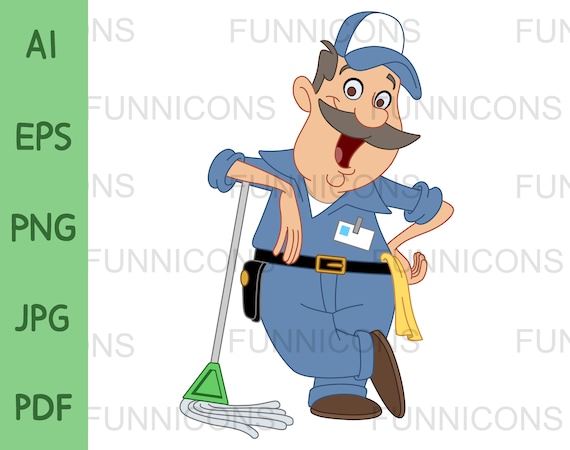 Clipart Cartoon of a Happy Male Janitor Leaning on a Mop Ai - Etsy