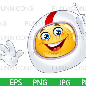 Dibujos animados de imágenes prediseñadas de un emoticono de astronauta feliz saludando, ai eps png jpg y archivos pdf incluidos, descarga instantánea de archivos digitales.