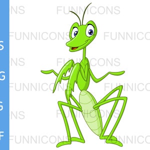 Desenho animado clipart de um louva-a-deus verde feliz, arquivos ai eps png jpg e pdf incluídos, download instantâneo de arquivos digitais.