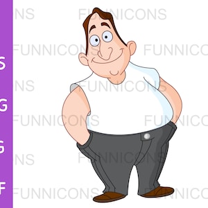Clipart cartoon of a smiling chubby man in a white shirt with hands in his pocket, ai eps png jpg and pdf files, digital files download.