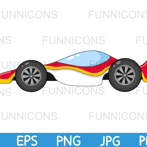 Clipart cartoon of a race car in red yellow and white colors, transport illustration, ai eps png jpg and pdf files, digital files download.