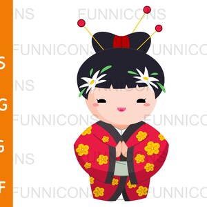 Clipart cartoon of a cute Japanese Kokeshi girl, ai eps png jpg and pdf files included, digital files instant download.