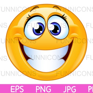 Dessin animé clipart d'une émoticône féminine souriante heureuse, fichiers ai eps png jpg et pdf inclus, téléchargement immédiat des fichiers numériques.
