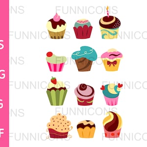 Clipart cartoon bundle of cupcakes, cake set, ai eps png jpg and pdf files included, digital files instant download.