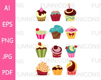 Clipart cartoon bundle of cupcakes, cake set, ai eps png jpg and pdf files included, digital files instant download.