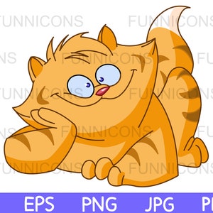 Clipart cartoon of a fat ginger tabby cat lying and smiling, animal pet illustration, ai eps png jpg and pdf files, digital files instant.