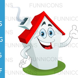 Clipart cartone animato di un personaggio mascotte casa felice presentando con la mano, ai eps png jpg e file pdf inclusi, download di file digitali.