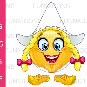 Dibujos animados de imágenes prediseñadas de una feliz niña holandesa de emoticonos con zuecos, archivos ai eps png jpg y pdf incluidos, descarga de archivos digitales.
