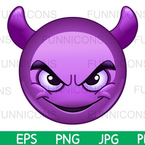 Clipart desenho animado de um emoticon de rosto sorridente com chifres, diabo roxo, arquivos ai eps png jpg e pdf incluídos, download de arquivos digitais.