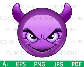 Clipart cartoon of a smiling face  emoticon with horns, Purple devil, ai eps png jpg and pdf files included, digital files download.