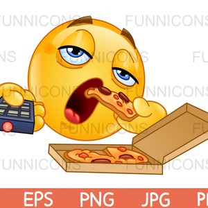 Dibujos animados de imágenes prediseñadas de un emoticono vago adicto a la televisión viendo televisión y comiendo pizza, archivos ai eps png jpg y pdf, descarga de archivos digitales.